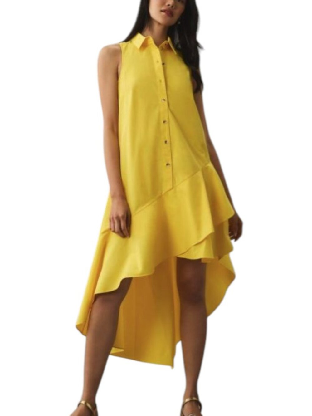 NEW MAEVE Yellow Shirtdress Women's Size S Hi Low Midi Cotton Poplin Ruffle Hem